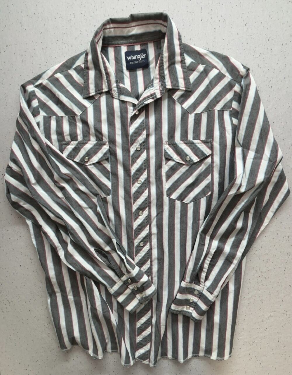 Vintage 90s Wrangler Western Shirt Mens M Pearl Snap Grey White Striped Serged